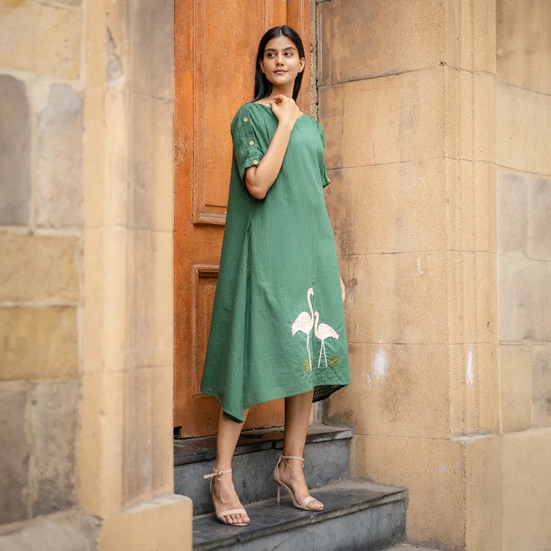 Cotton A-Line Dress for Women | Green | Hand Embroidered