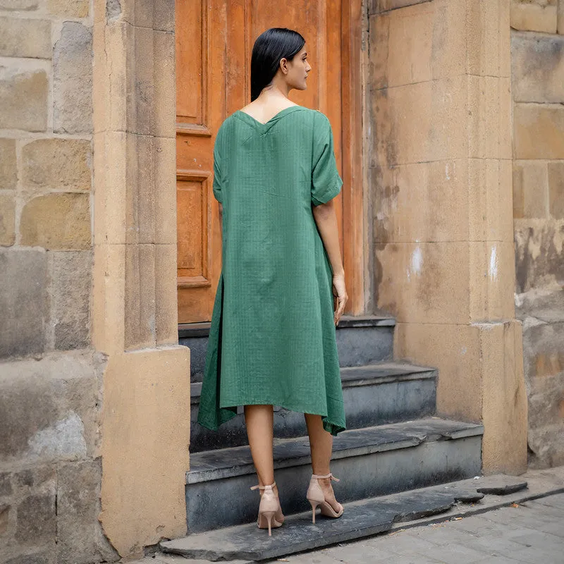 Cotton A-Line Dress for Women | Green | Hand Embroidered