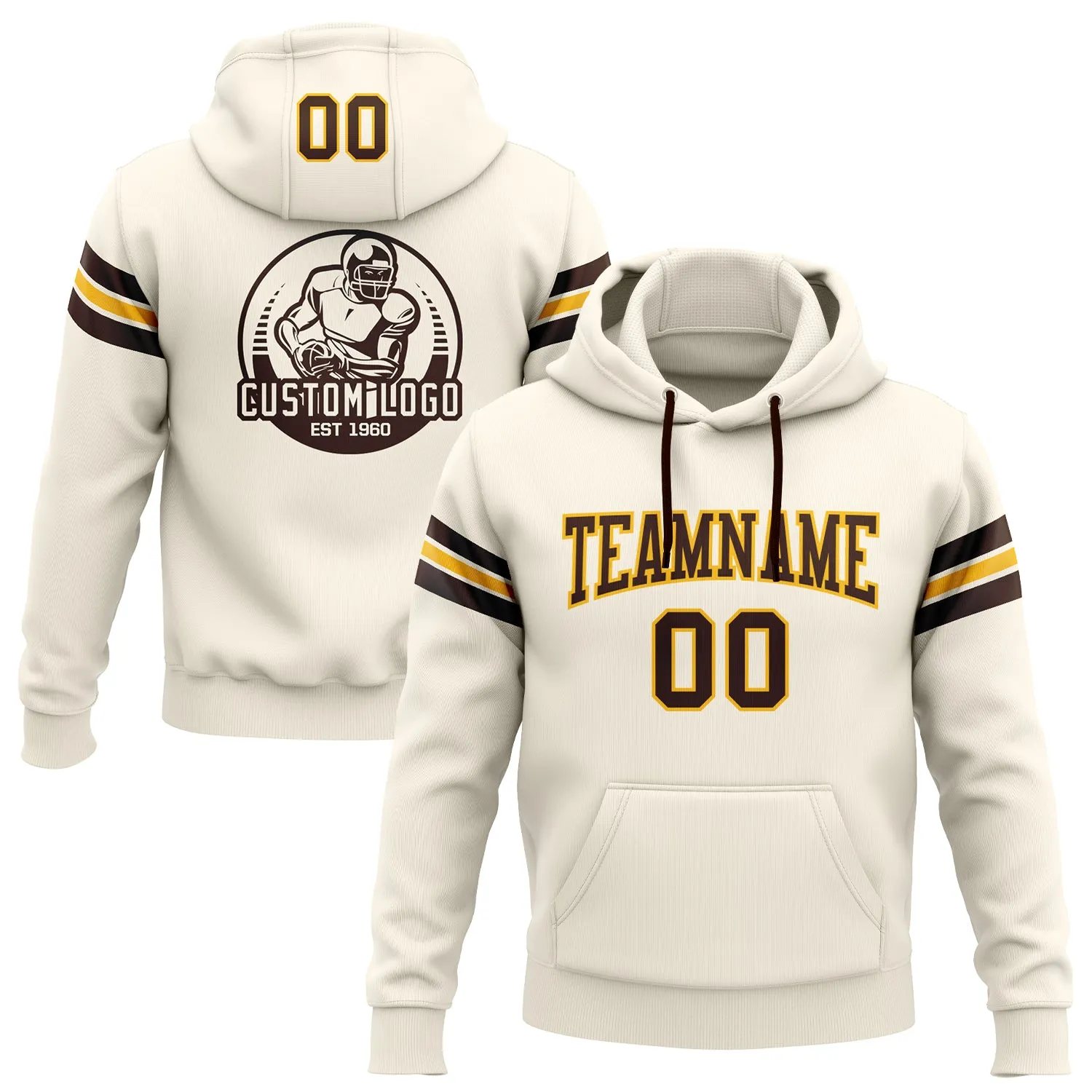 Custom Stitched Cream Brown-Gold Football Pullover Sweatshirt Hoodie