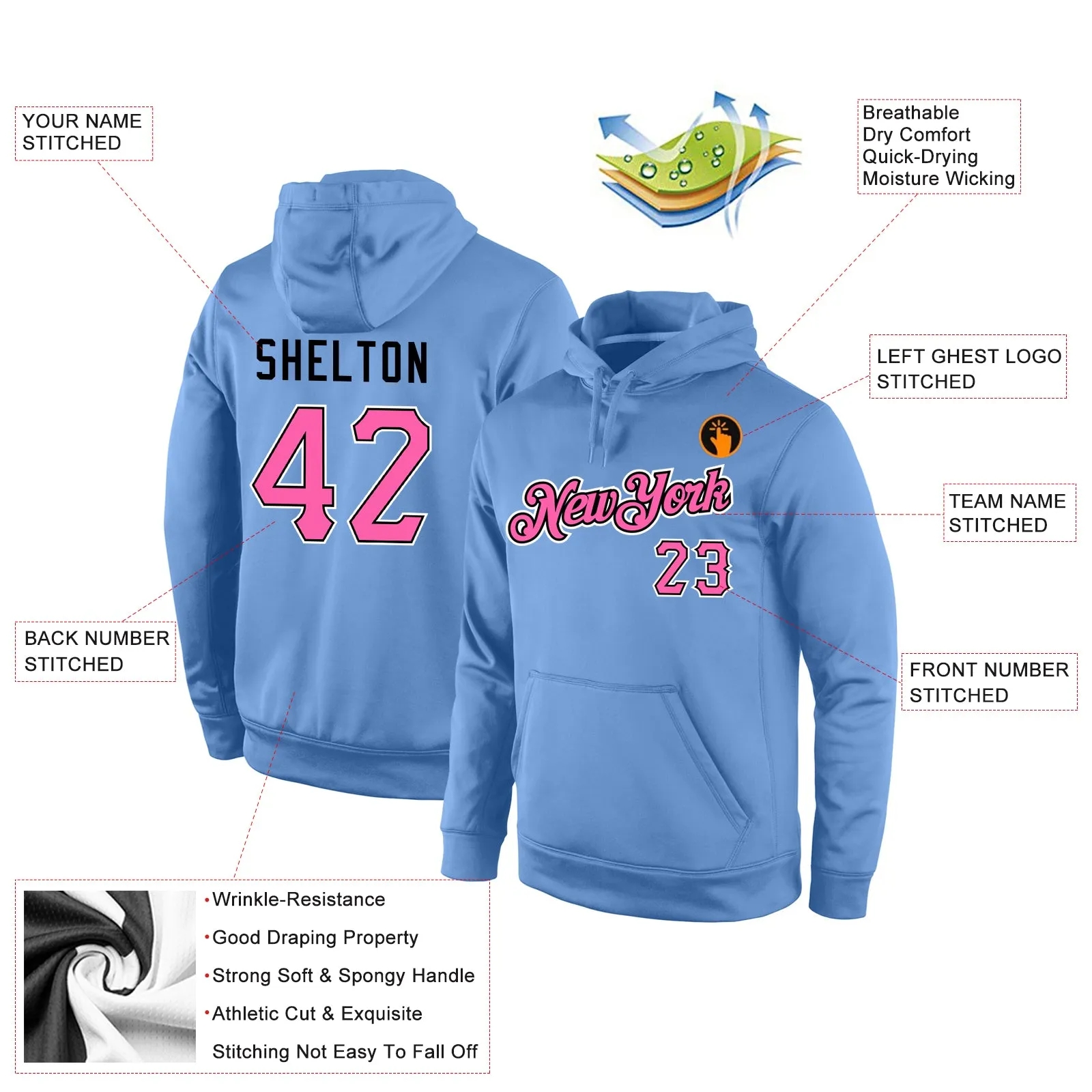 Custom Stitched Light Blue Pink-Black Sports Pullover Sweatshirt Hoodie