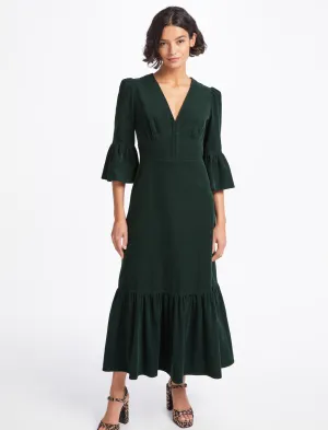 Daphne Pin Corduroy V Neck Maxi Dress - Forest Green