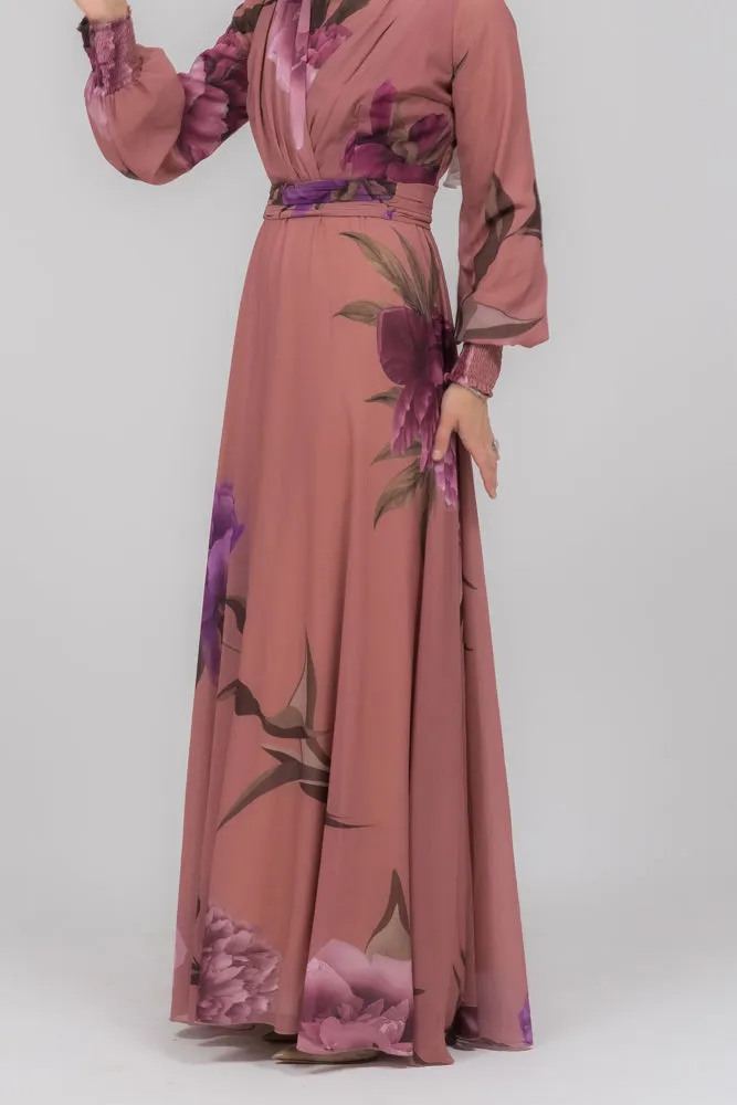 Eclat chiffon flared sleeve mock v-neck maxi dress in bold floral