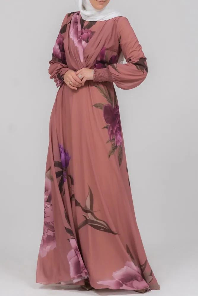 Eclat chiffon flared sleeve mock v-neck maxi dress in bold floral