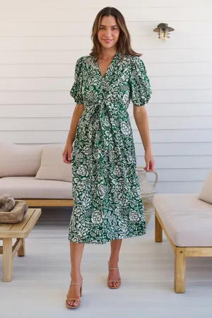 Effie Green/White Floral Tie Waist Dress