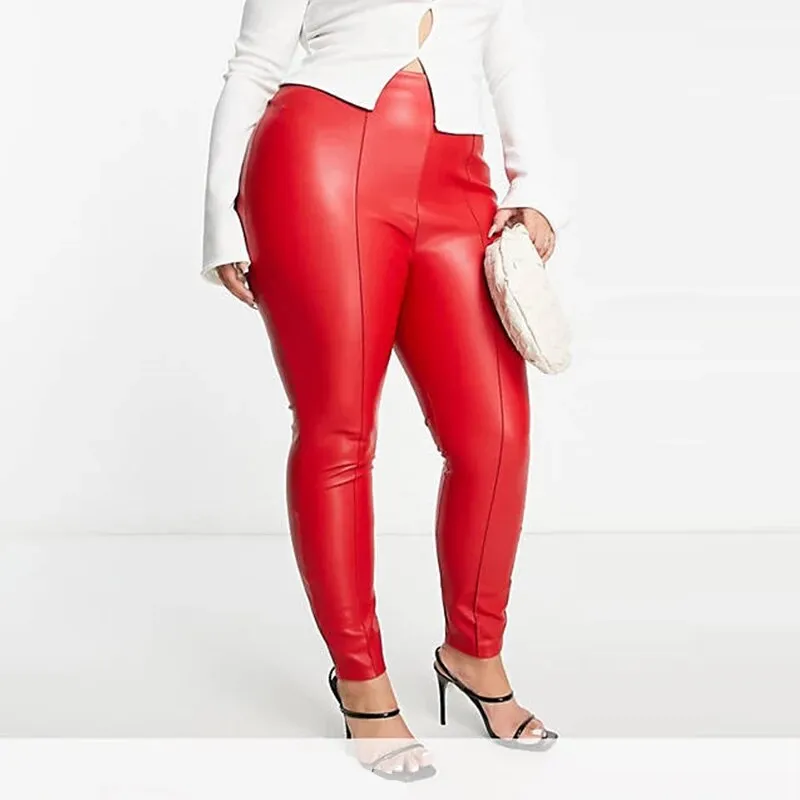 Elastic Mid Waist Faux  Leather Pencil Pants