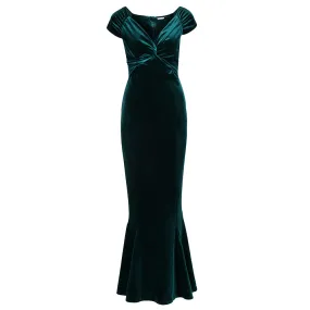 Emerald Green Cap Sleeve Twist Bust Fishtail Hem Velour Maxi Dress