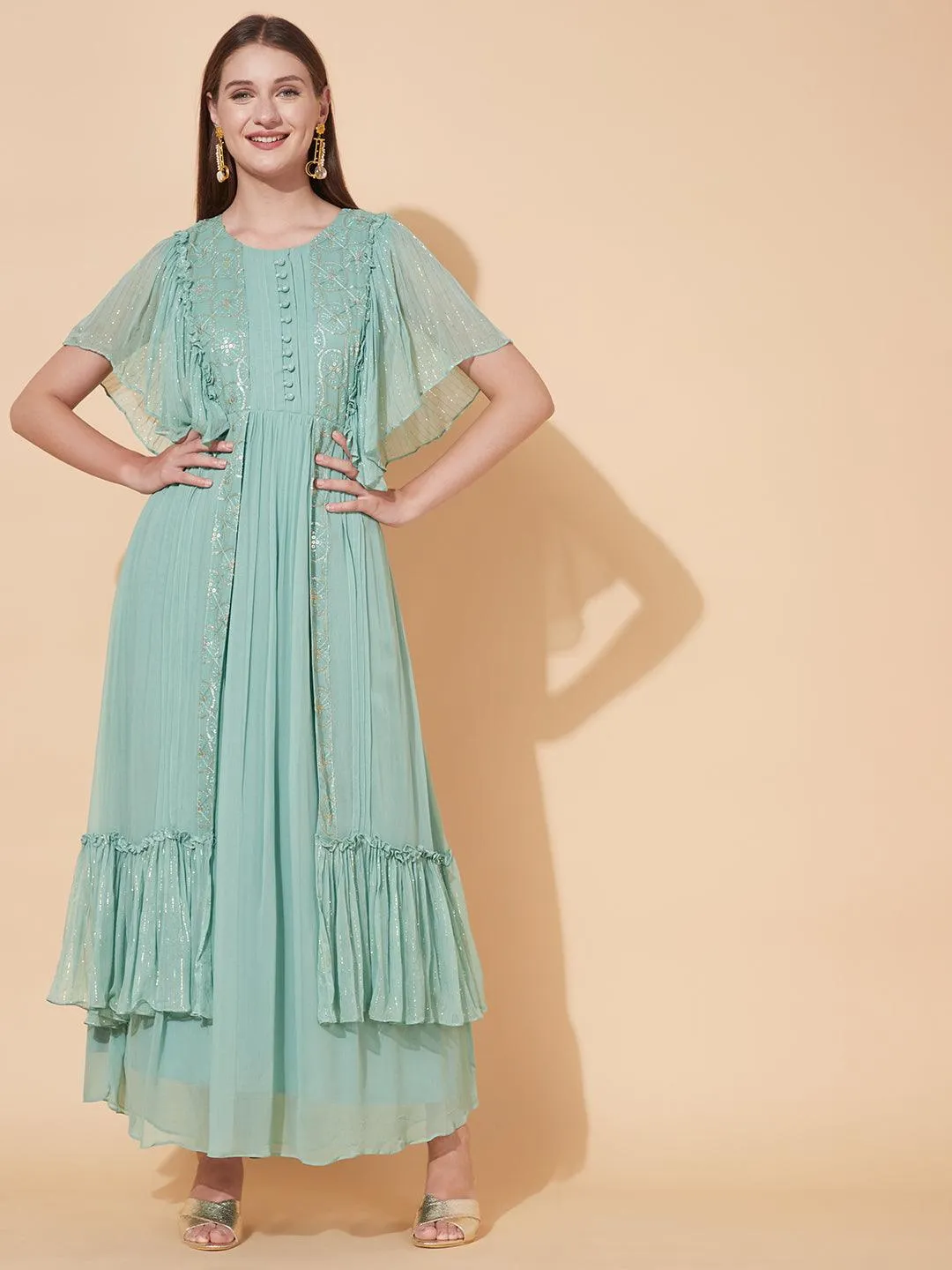 Ethnic Embroidered Layered Flared Maxi Dress - Pastel Green