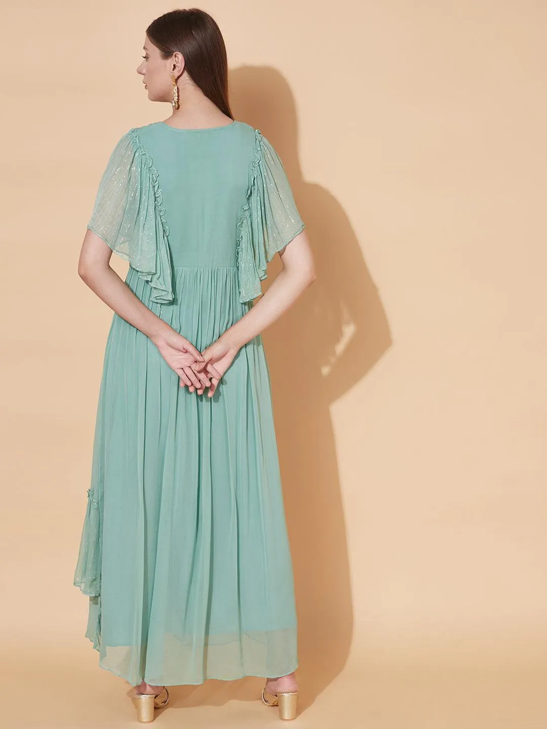 Ethnic Embroidered Layered Flared Maxi Dress - Pastel Green