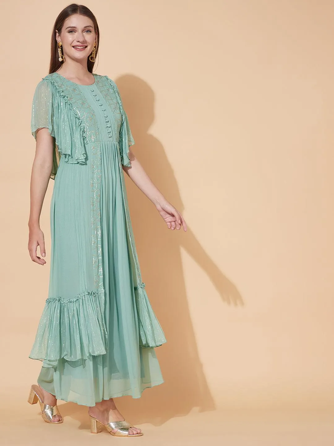 Ethnic Embroidered Layered Flared Maxi Dress - Pastel Green