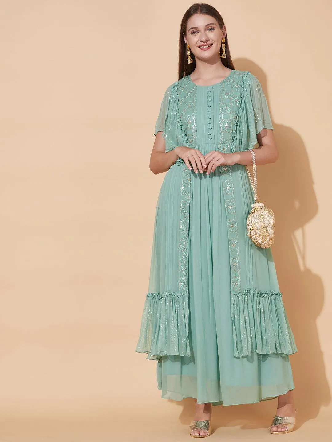 Ethnic Embroidered Layered Flared Maxi Dress - Pastel Green