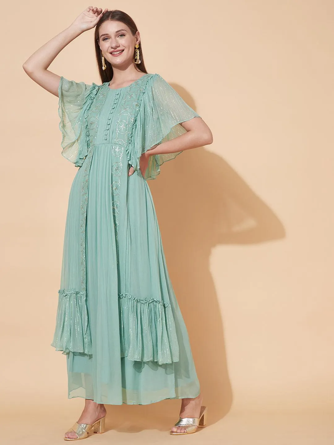 Ethnic Embroidered Layered Flared Maxi Dress - Pastel Green