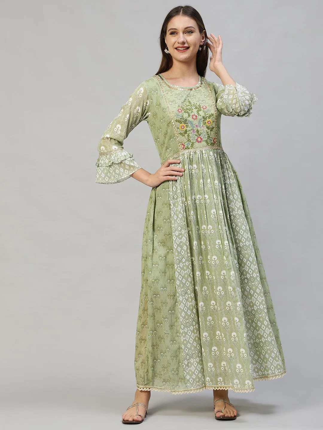 Ethnic Printed & Hand Embroidered Flared Maxi Dress - Pastel Green