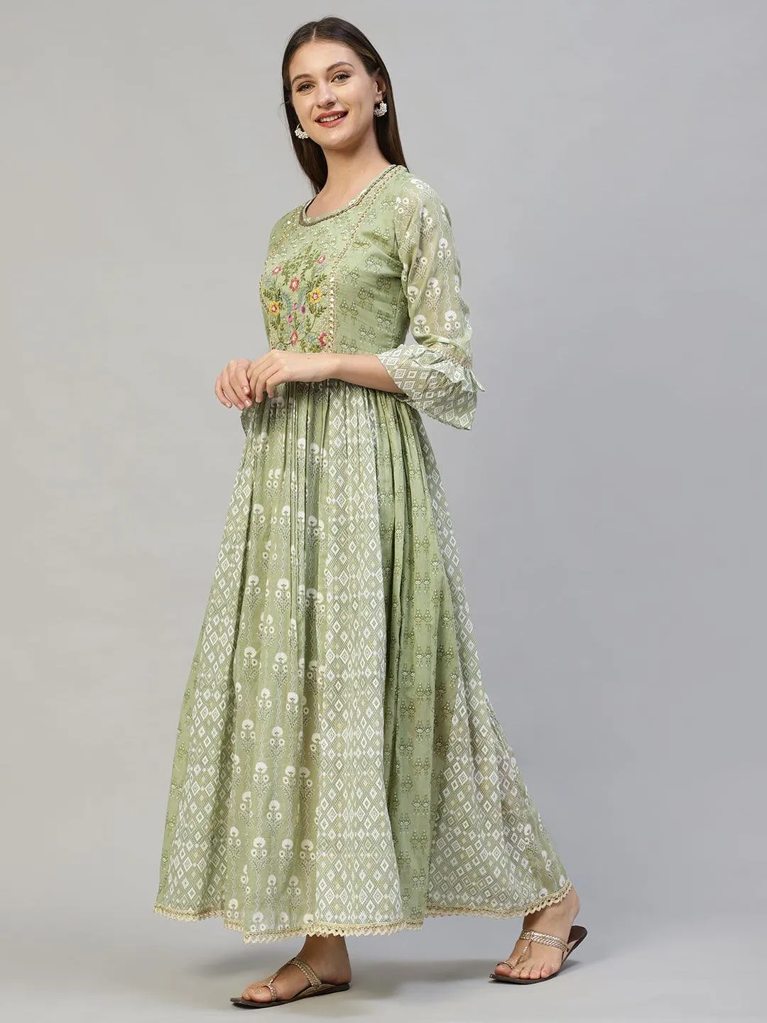 Ethnic Printed & Hand Embroidered Flared Maxi Dress - Pastel Green