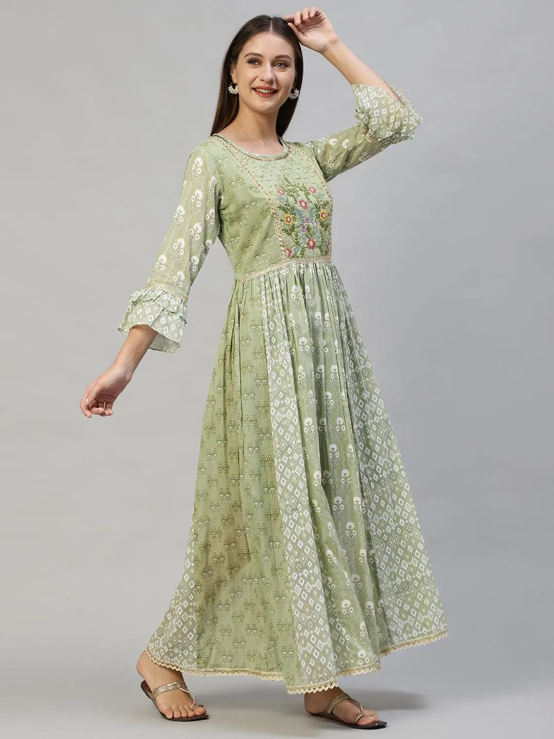 Ethnic Printed & Hand Embroidered Flared Maxi Dress - Pastel Green