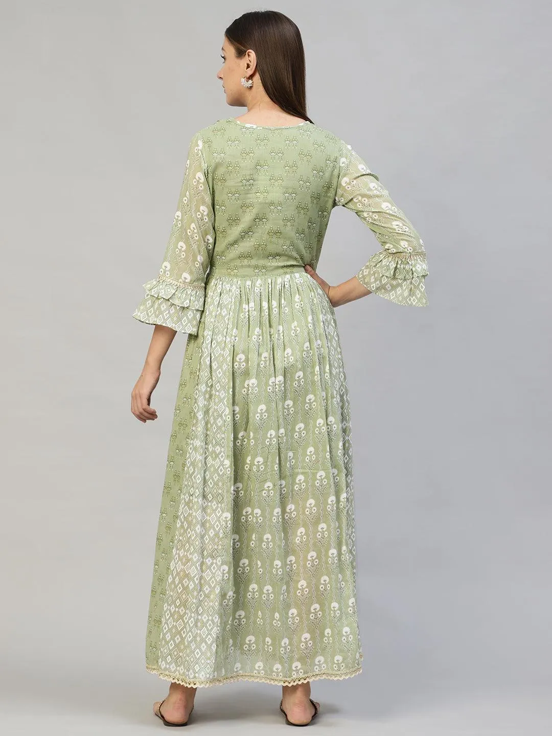 Ethnic Printed & Hand Embroidered Flared Maxi Dress - Pastel Green