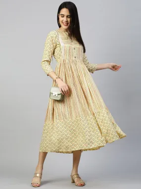 Ethnic Printed Flounce Flared Dress - Pastel Yellow