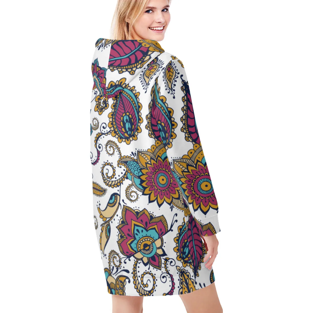 Fall Paisley Print White Hoodie Dress