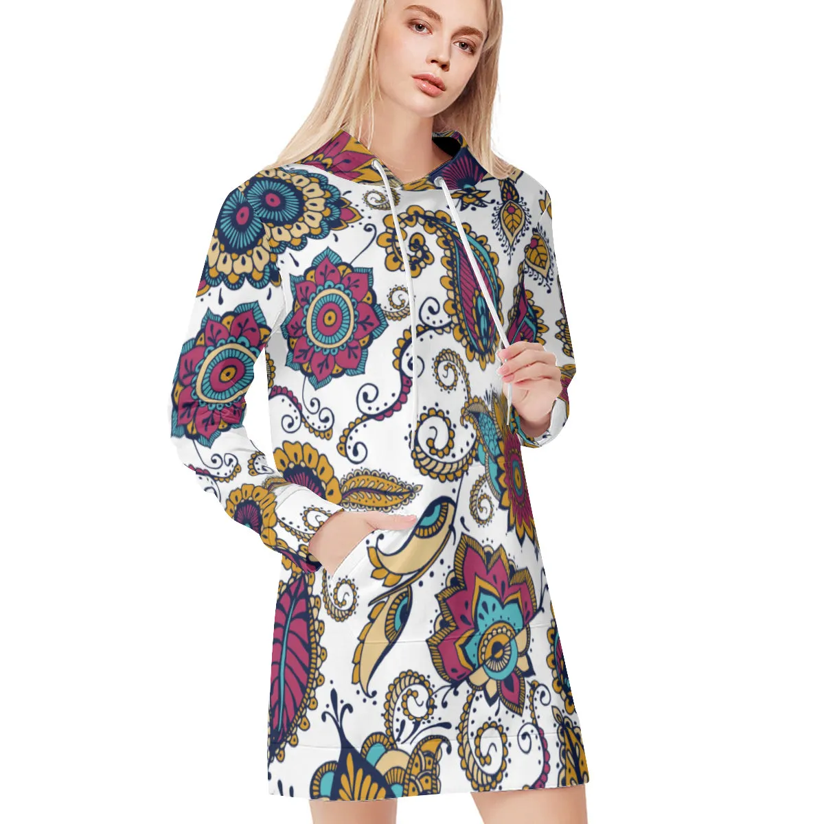 Fall Paisley Print White Hoodie Dress