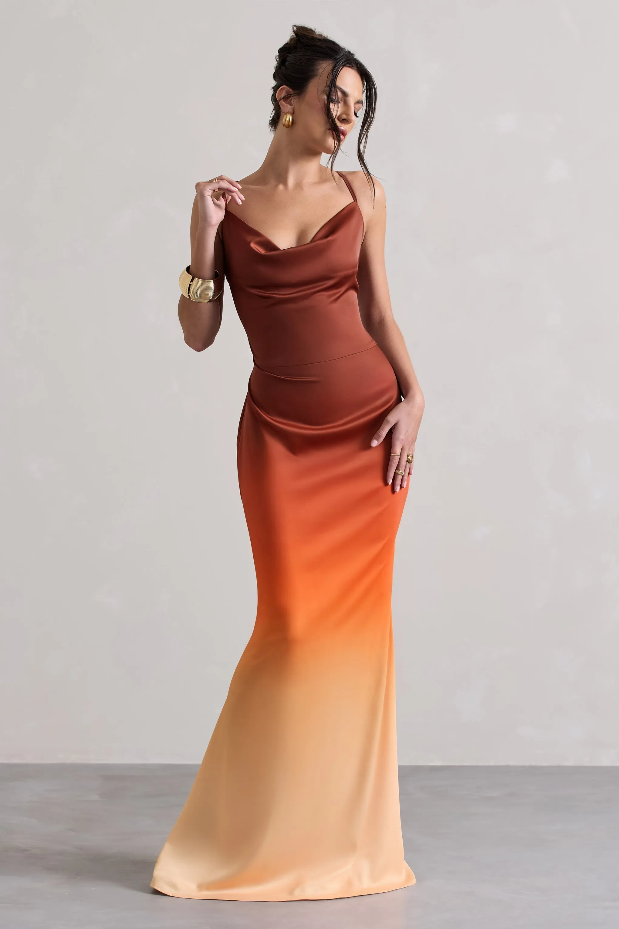 Fiji | Orange Ombre Satin Cowl-Neck Strappy Maxi Dress