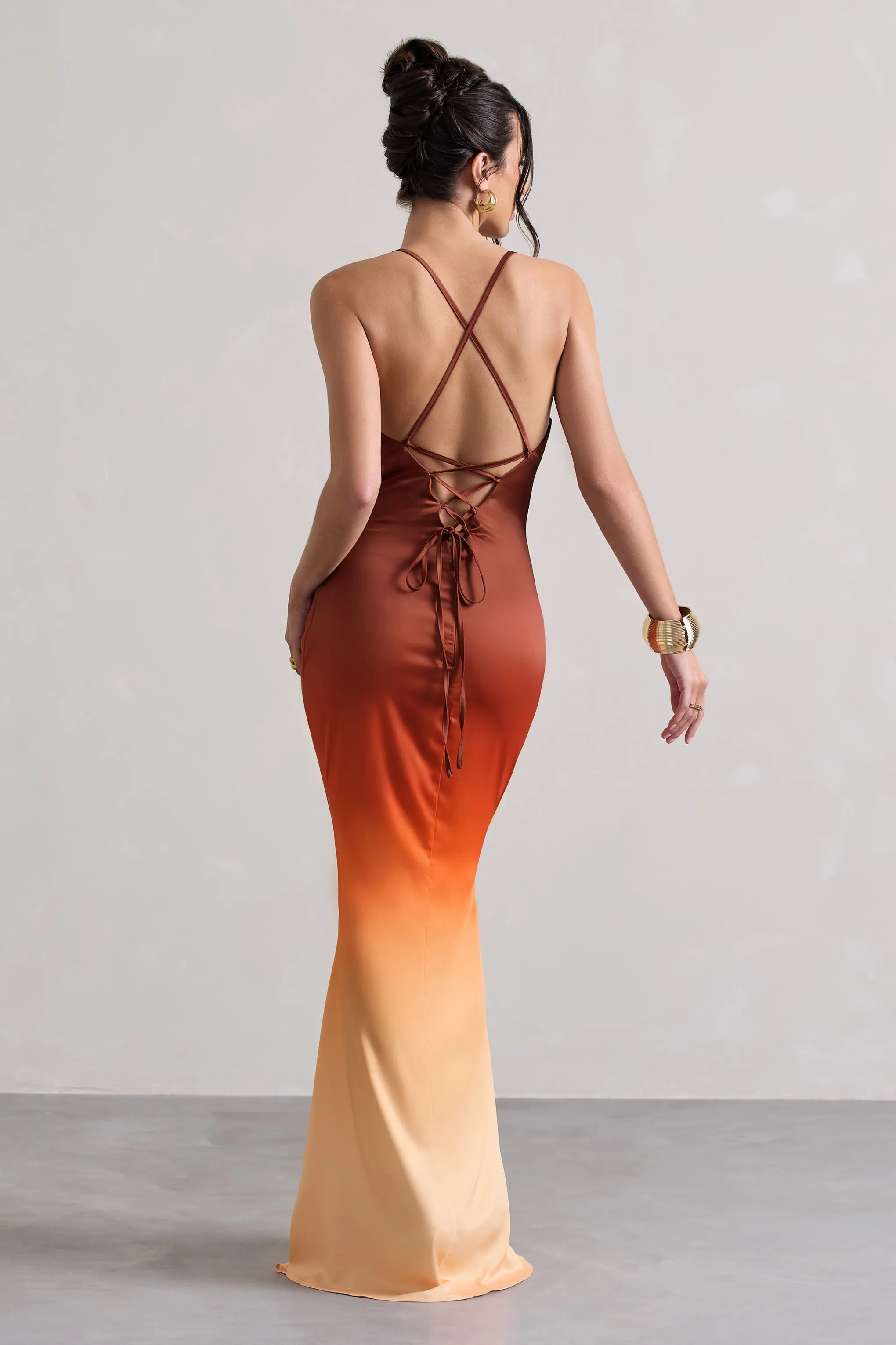 Fiji | Orange Ombre Satin Cowl-Neck Strappy Maxi Dress