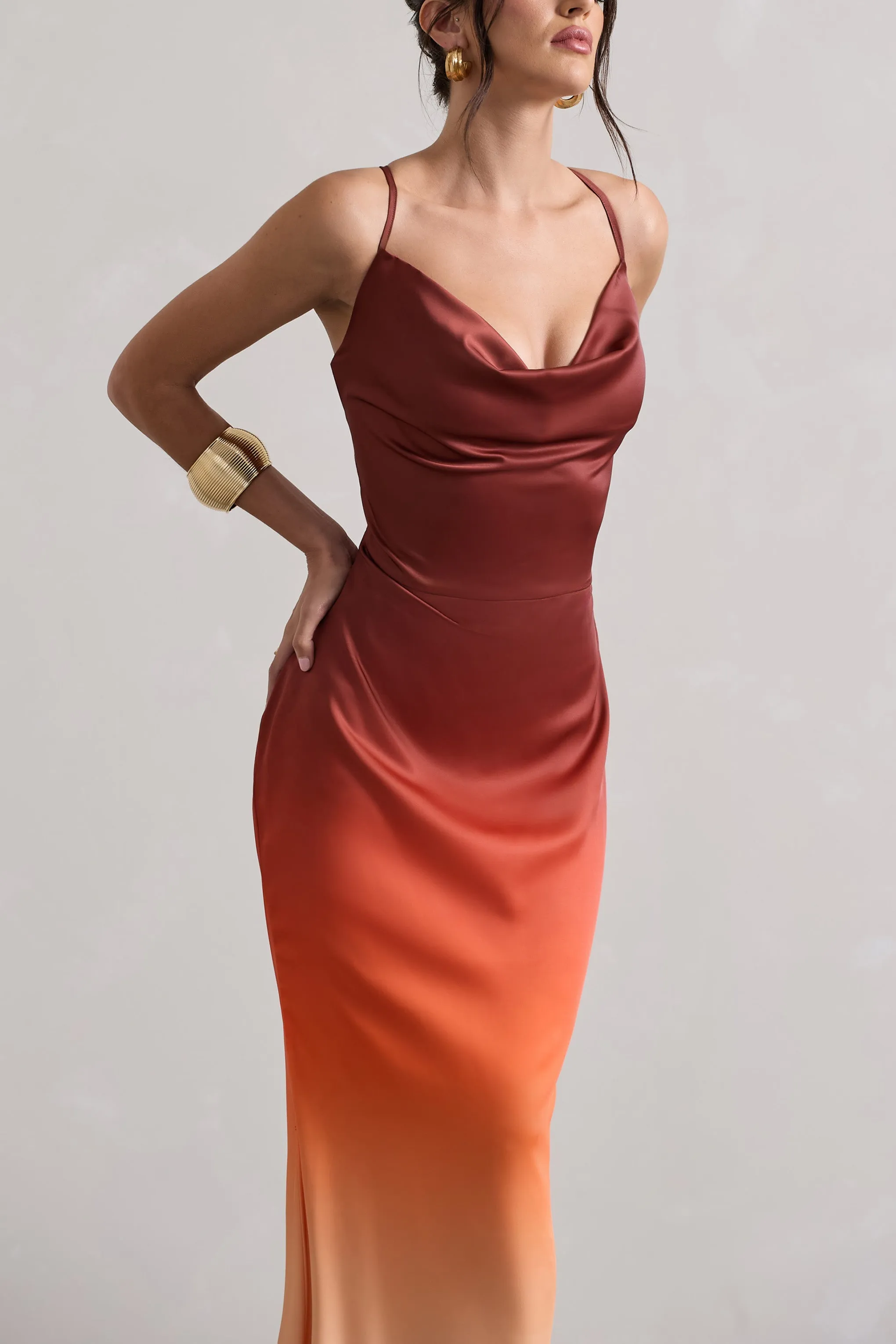 Fiji | Orange Ombre Satin Cowl-Neck Strappy Maxi Dress