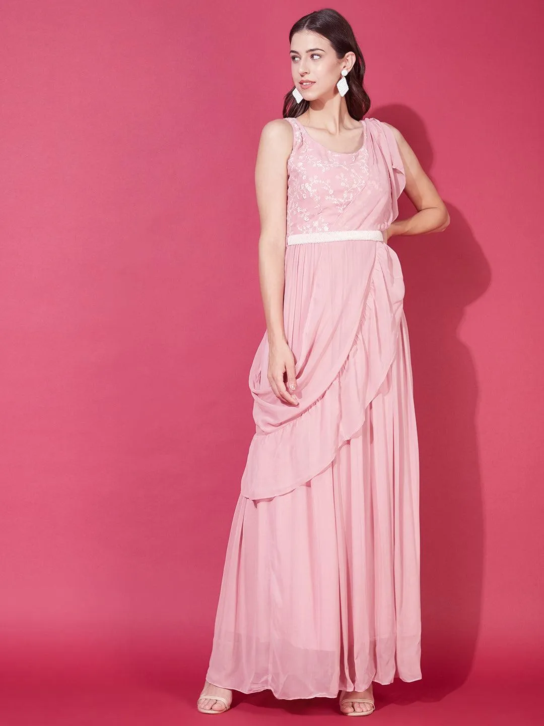 Floral Embroidered Flared Maxi Dress with Dupatta & Belt - Pastel Pink