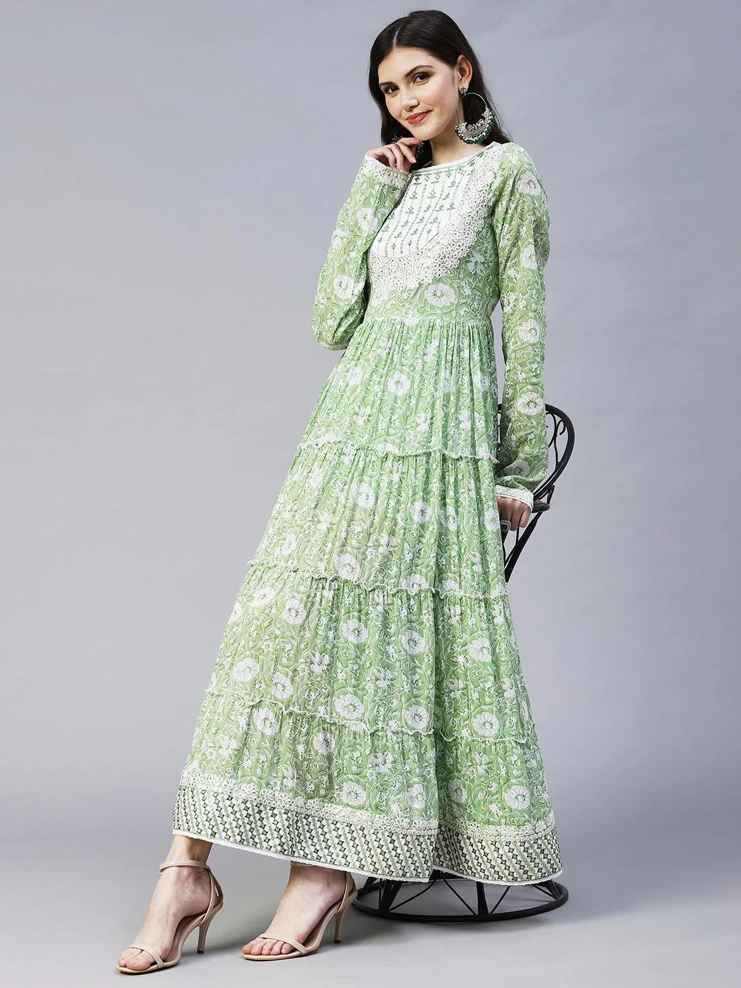 Floral Printed & Embroidered Tiered Flared Maxi Dress - Pastel Green