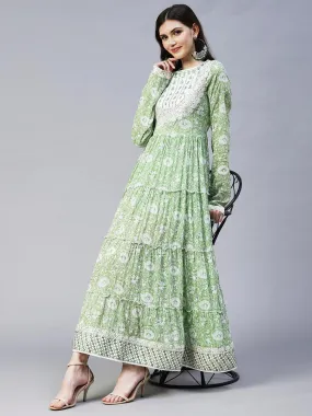 Floral Printed & Embroidered Tiered Flared Maxi Dress - Pastel Green