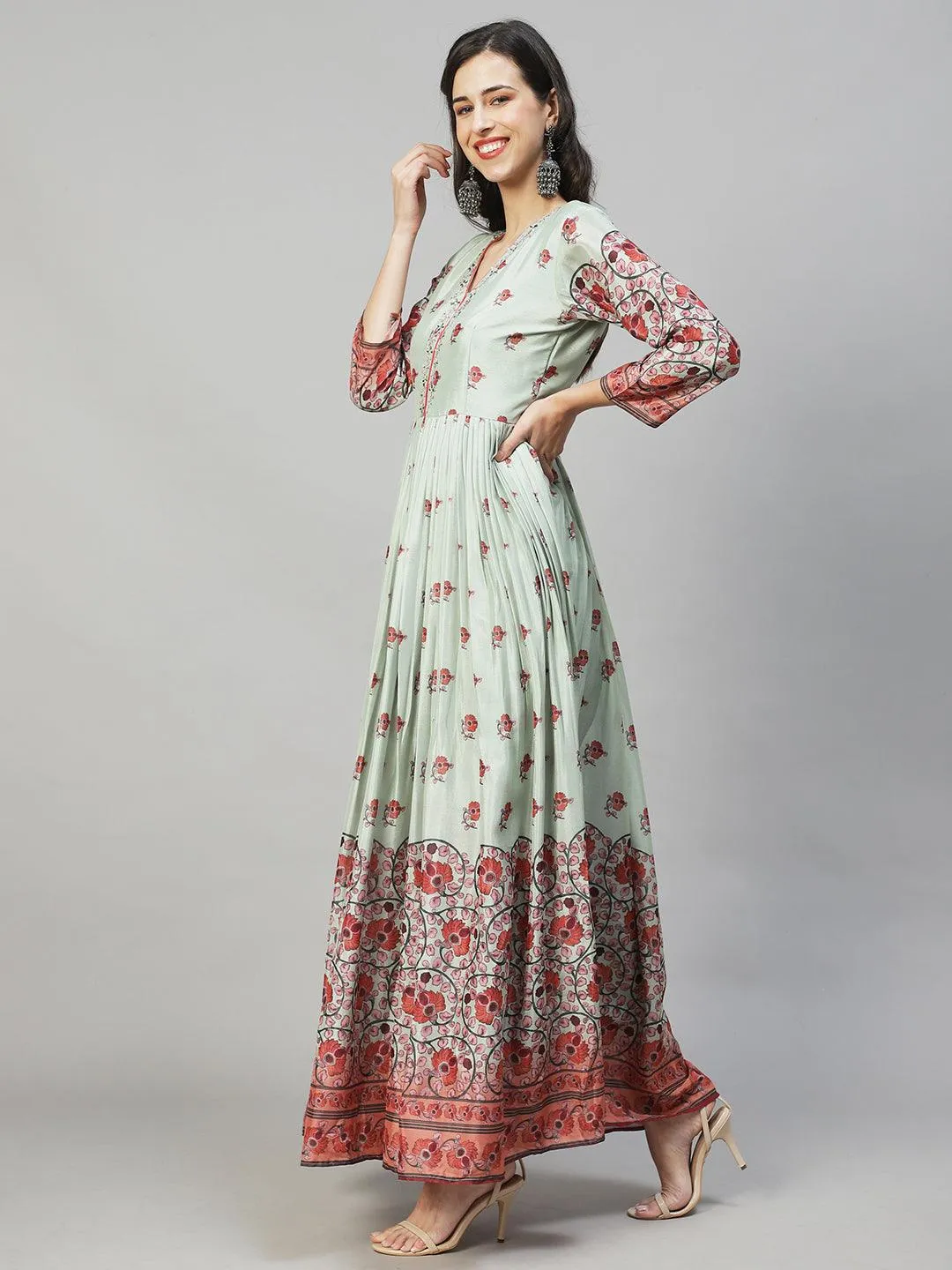 Floral Printed & Hand Embroidered Flared Maxi Dress - Pastel Green