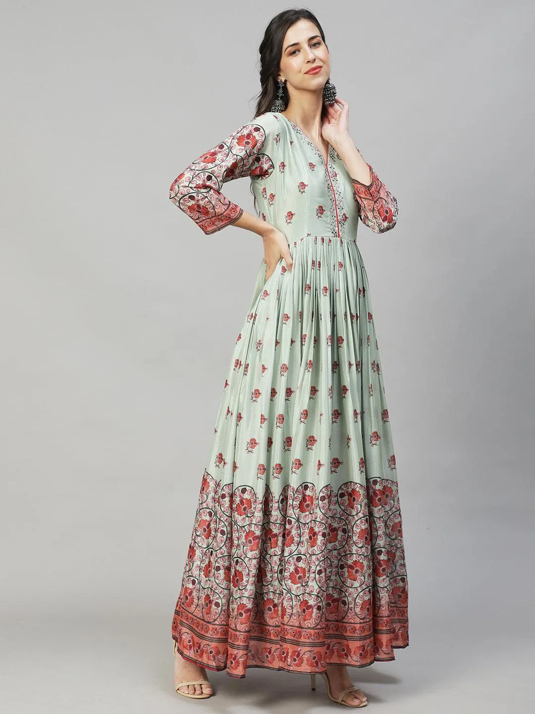 Floral Printed & Hand Embroidered Flared Maxi Dress - Pastel Green