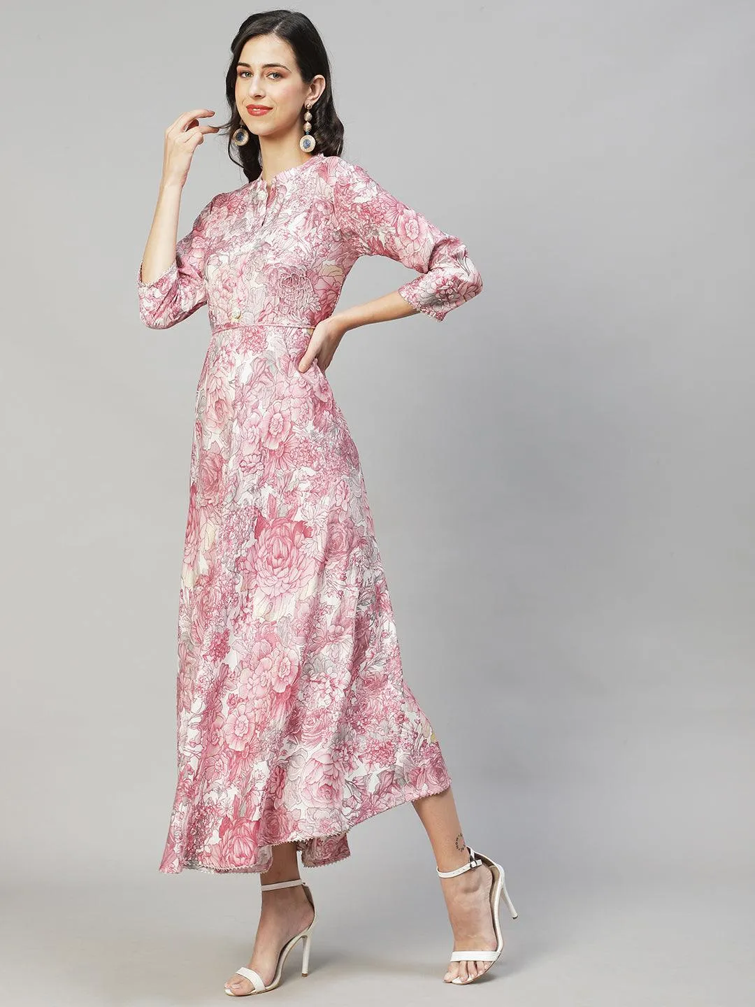 Floral Printed & Hand Embroidered Flared Maxi Dress - Pastel Pink