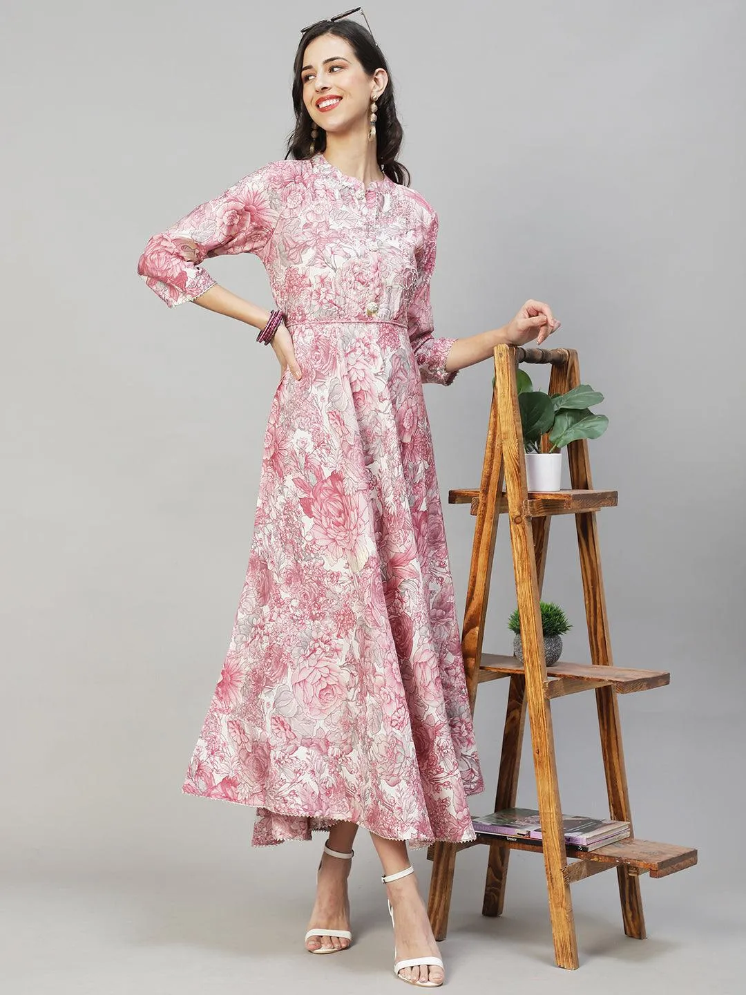 Floral Printed & Hand Embroidered Flared Maxi Dress - Pastel Pink