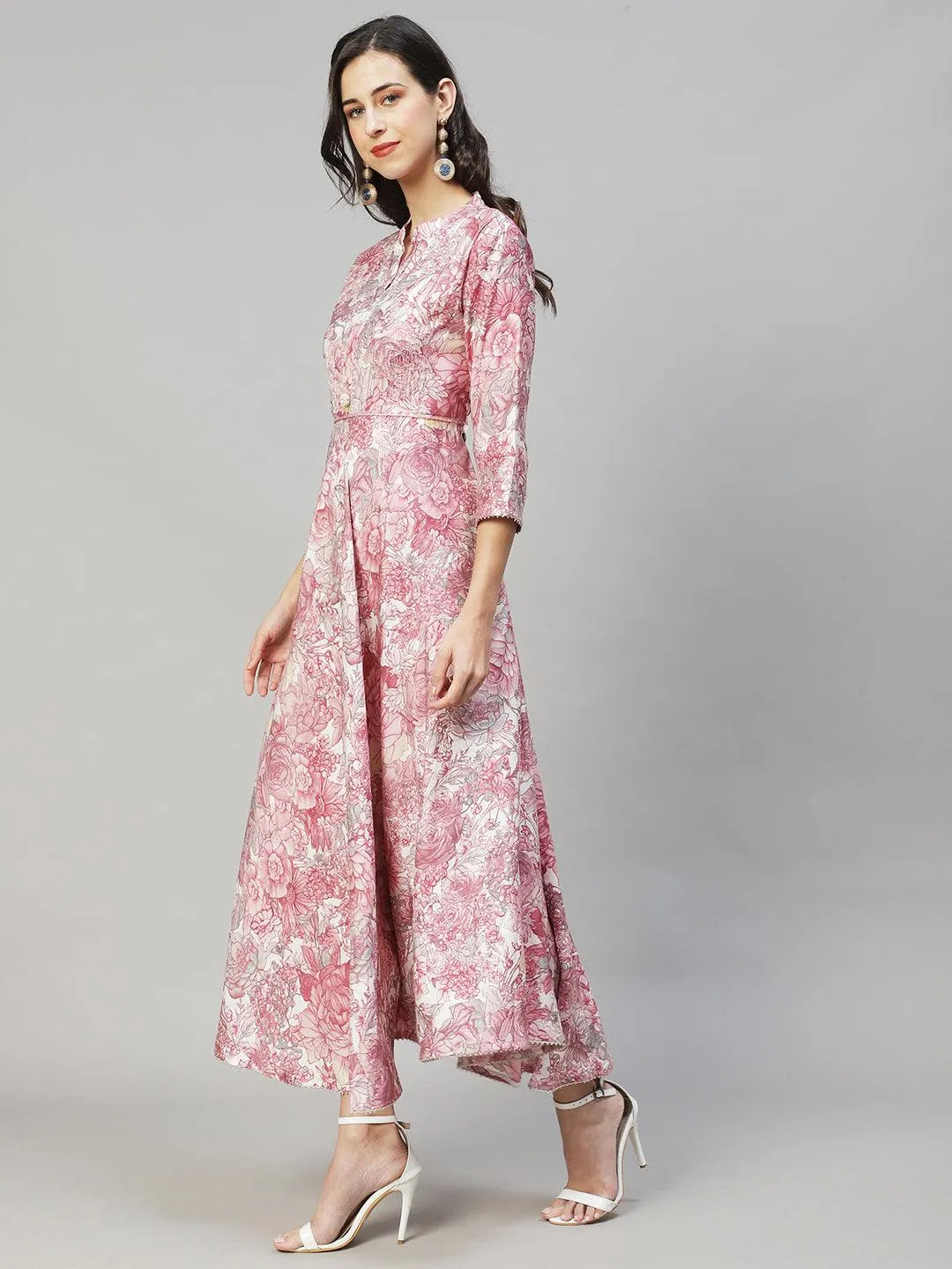 Floral Printed & Hand Embroidered Flared Maxi Dress - Pastel Pink