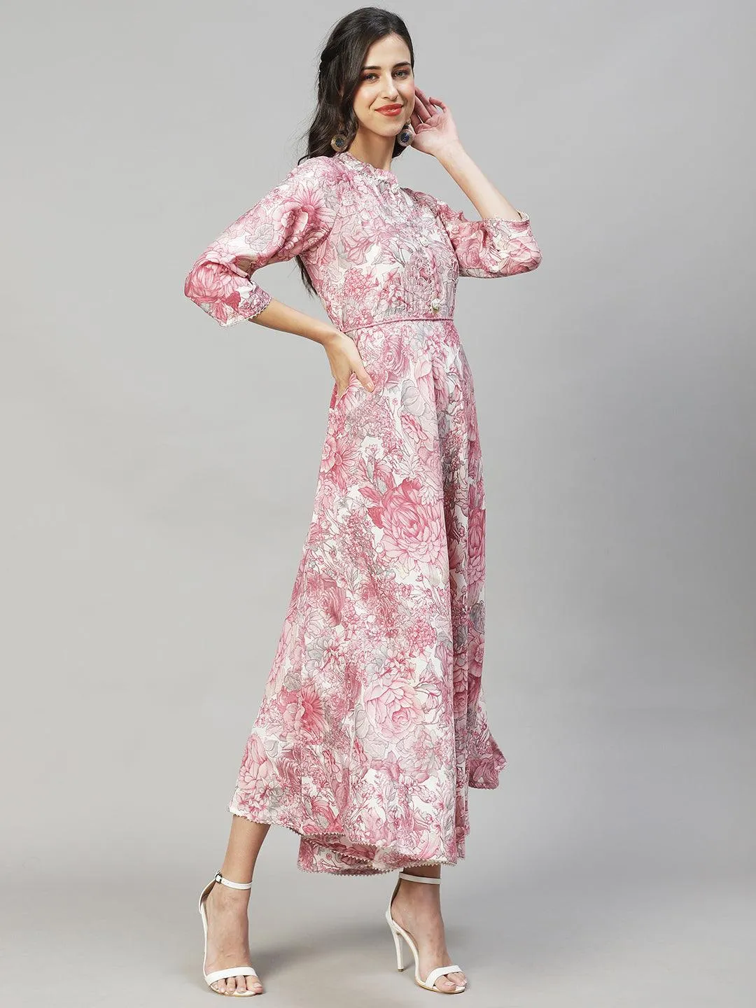 Floral Printed & Hand Embroidered Flared Maxi Dress - Pastel Pink