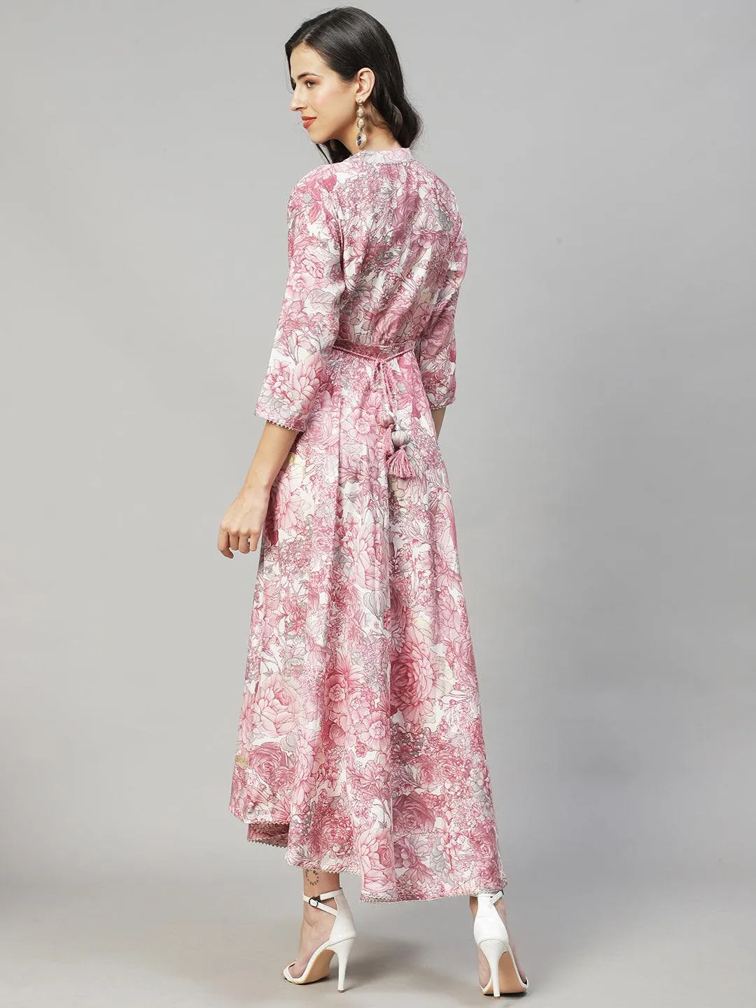 Floral Printed & Hand Embroidered Flared Maxi Dress - Pastel Pink