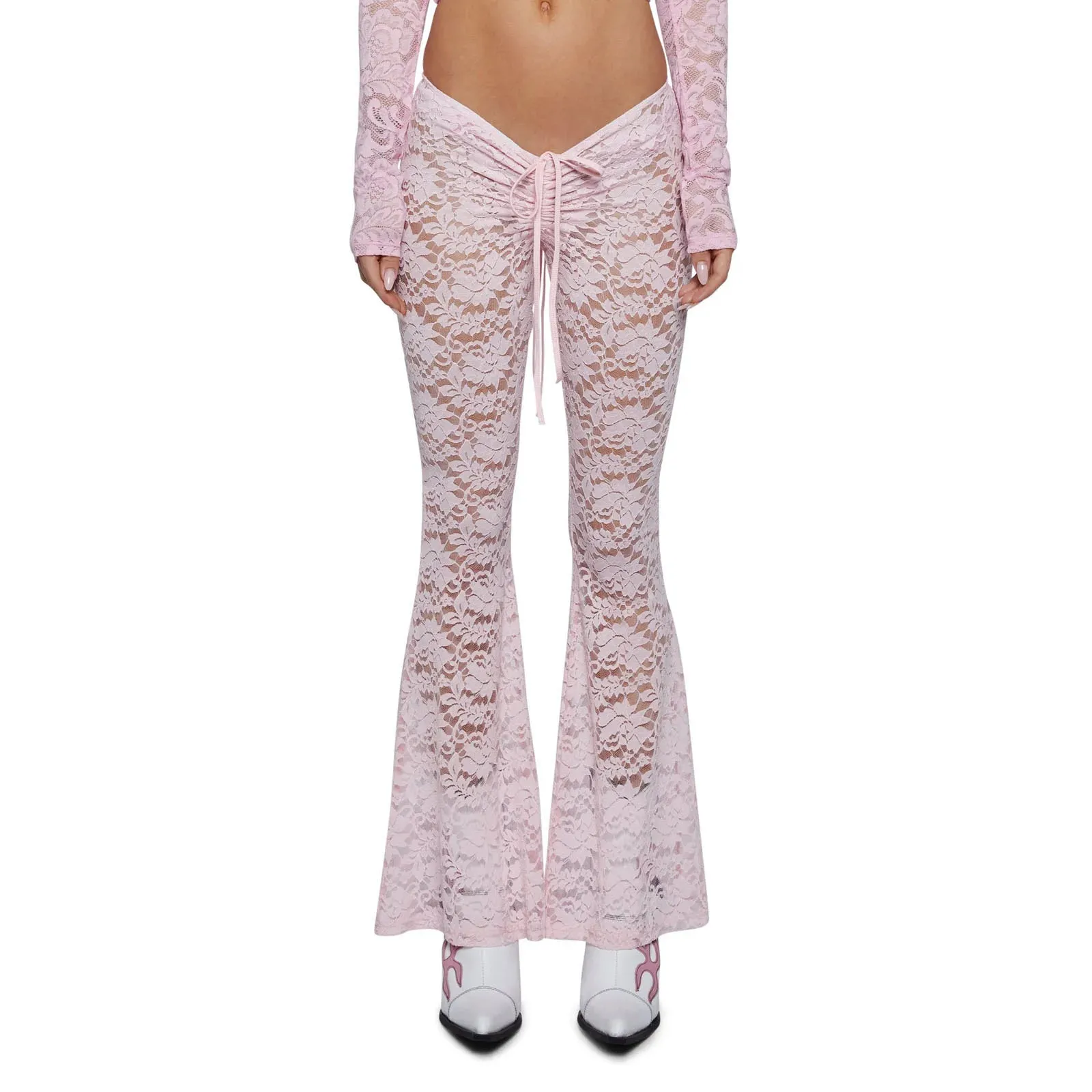 Floral Sheer Mesh Flare Drawstring Low Rise Bell-Bottoms Sexy See Through Party Club Leggings Streetwear Lace Pants