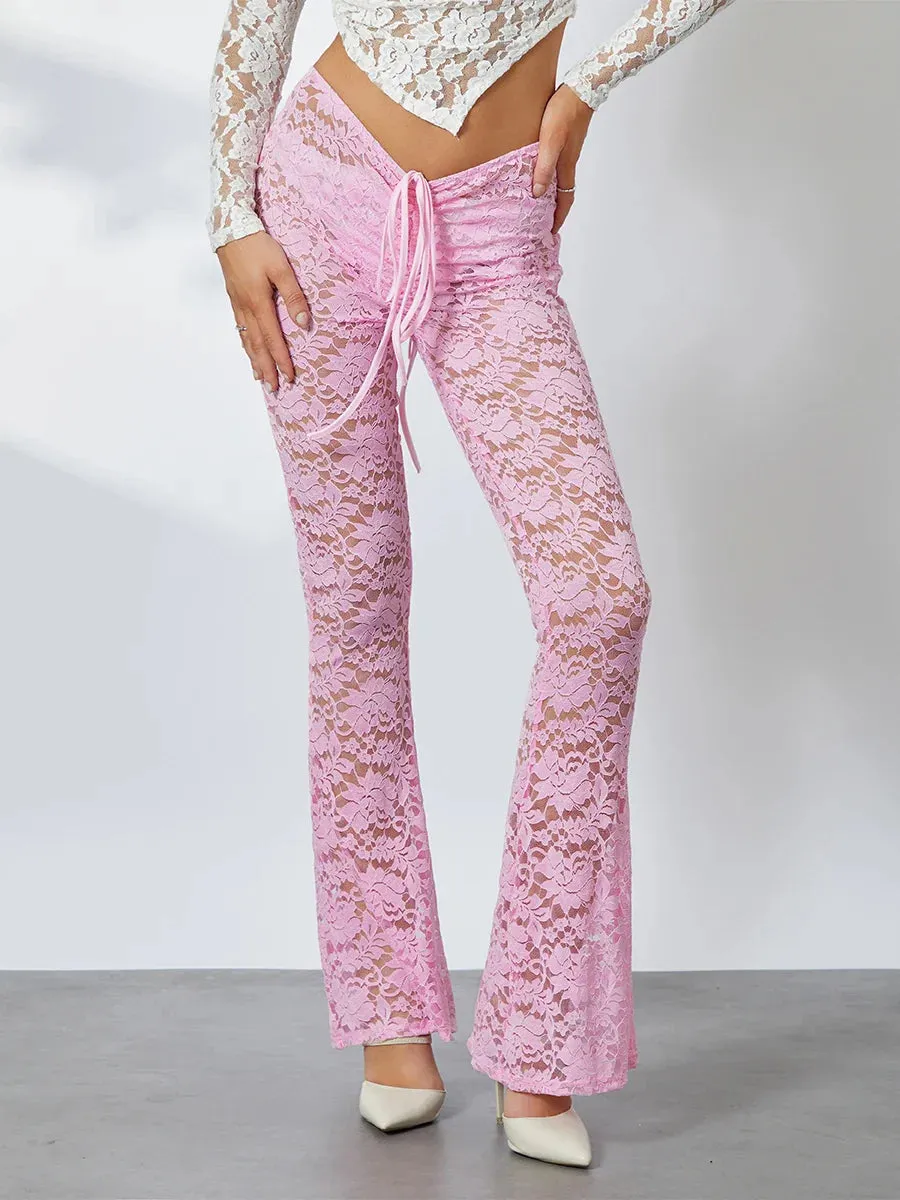 Floral Sheer Mesh Flare Drawstring Low Rise Bell-Bottoms Sexy See Through Party Club Leggings Streetwear Lace Pants