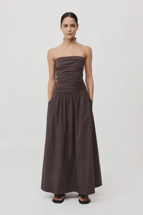 GATHERED STRAPLESS TIE BACK DRESS CHOCOLATE