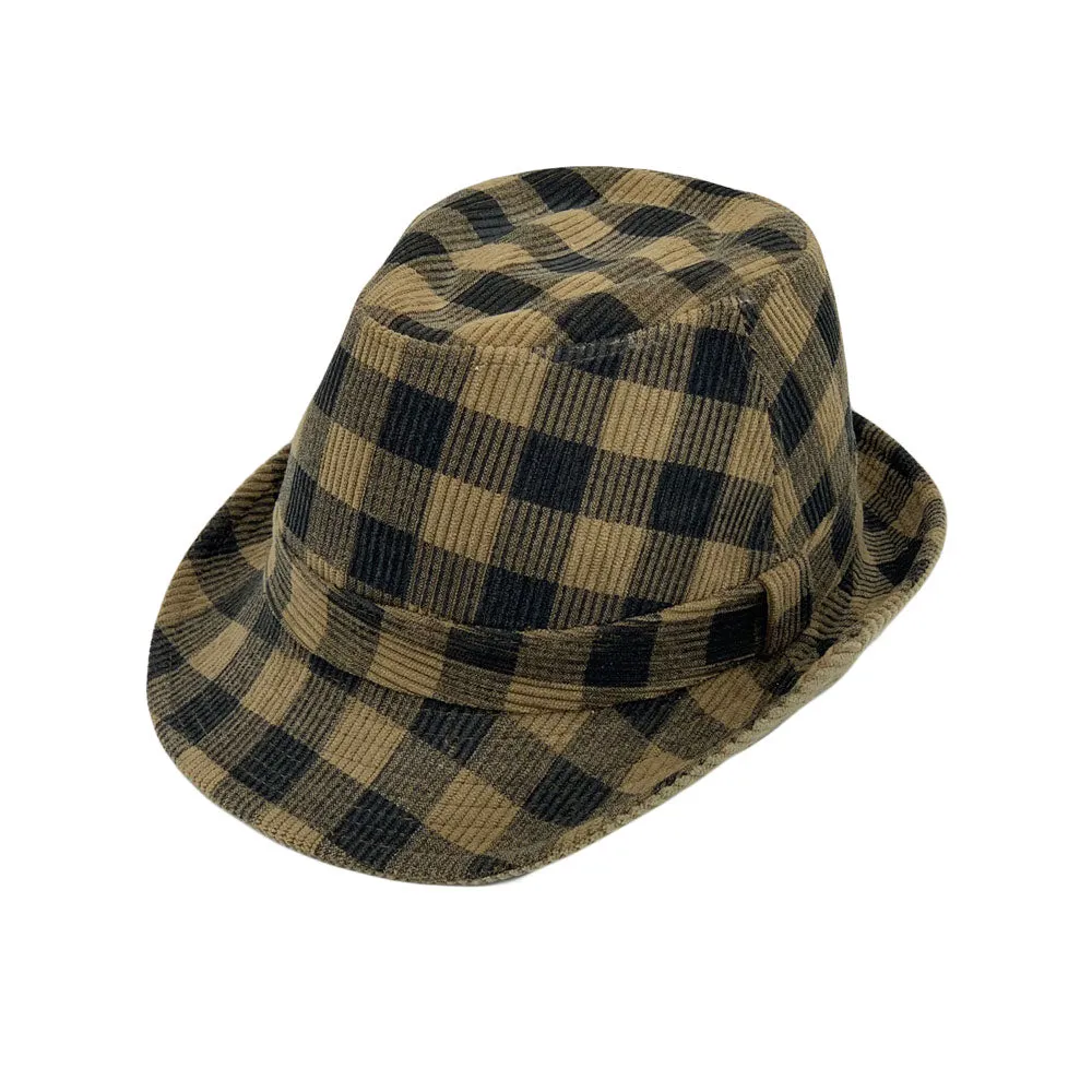 Gingham Check Fedora Hat - Manhattan Trilby Corduroy Banded For Men Women LD61570