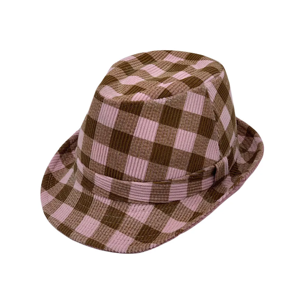 Gingham Check Fedora Hat - Manhattan Trilby Corduroy Banded For Men Women LD61570