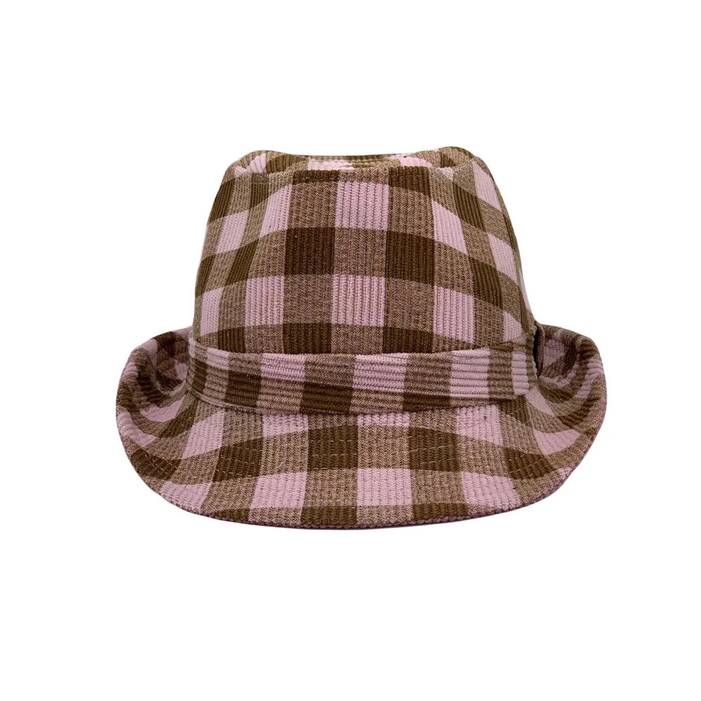 Gingham Check Fedora Hat - Manhattan Trilby Corduroy Banded For Men Women LD61570