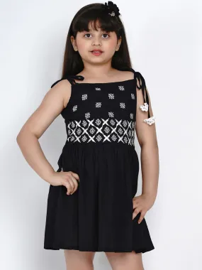 Girl's Black Embroidered Fit And Flare Dress  - NOZ2TOZ KIDS