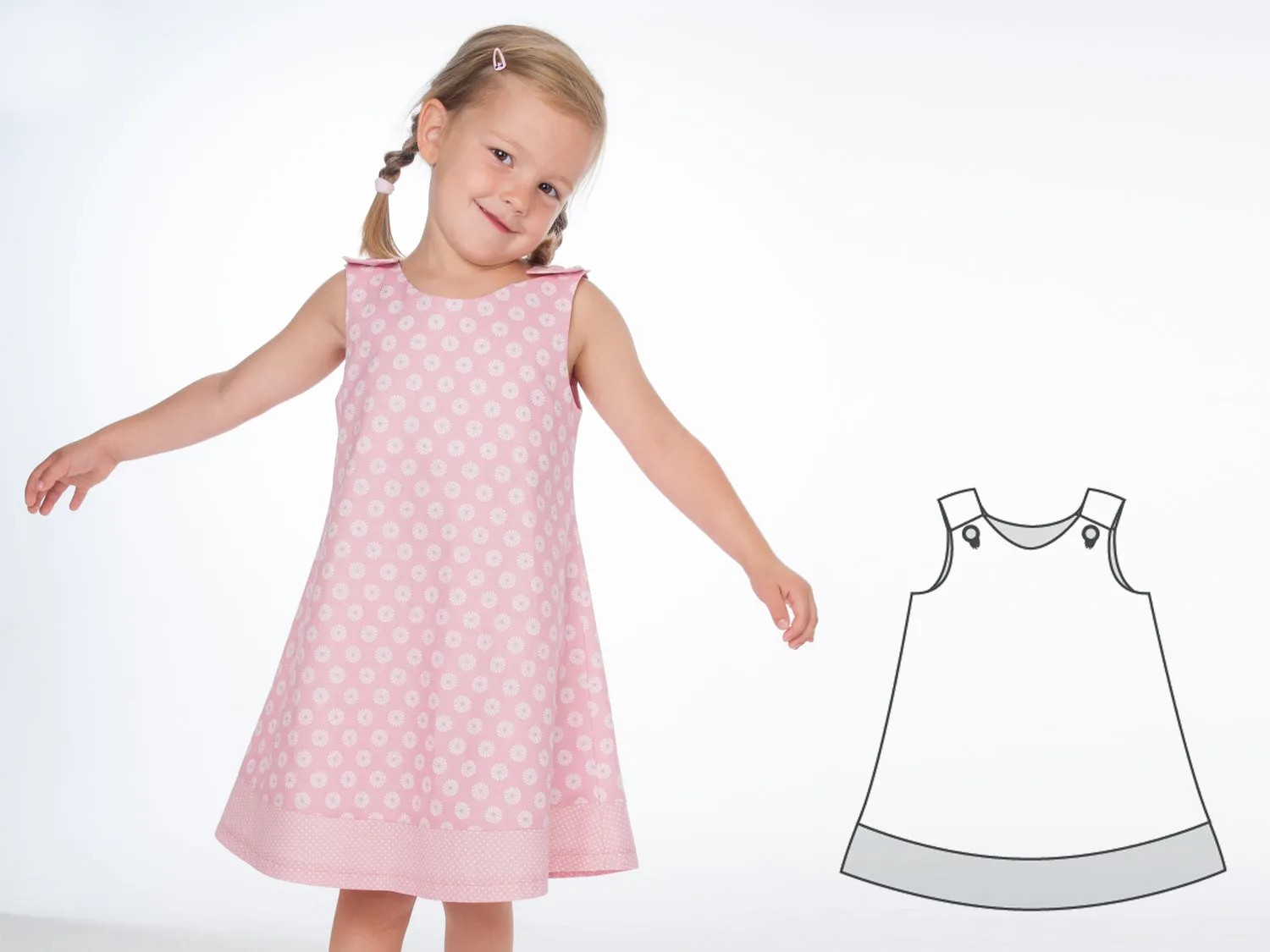 Girls pinafore dress pattern with hem and buttons STEFFI by Patternforkids. Easy girls tunic dress paper sewing pattern for baby and kids