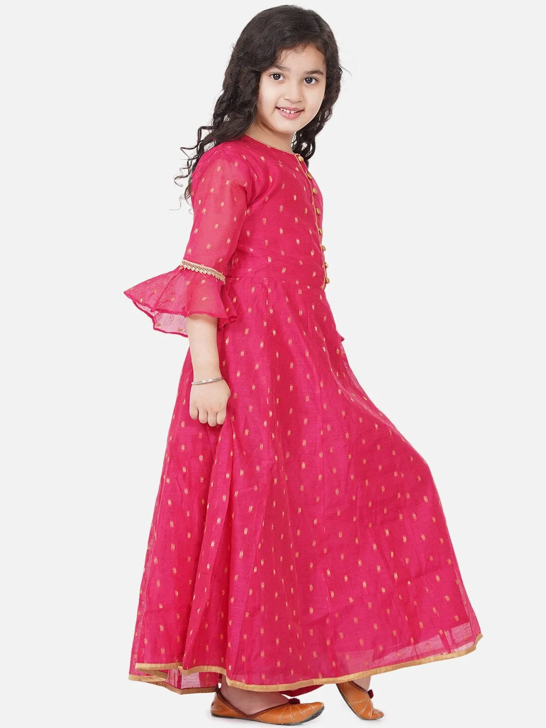 Girl's Pink Bell Sleeves Ethnic Maxi Dress - NOZ2TOZ KIDS