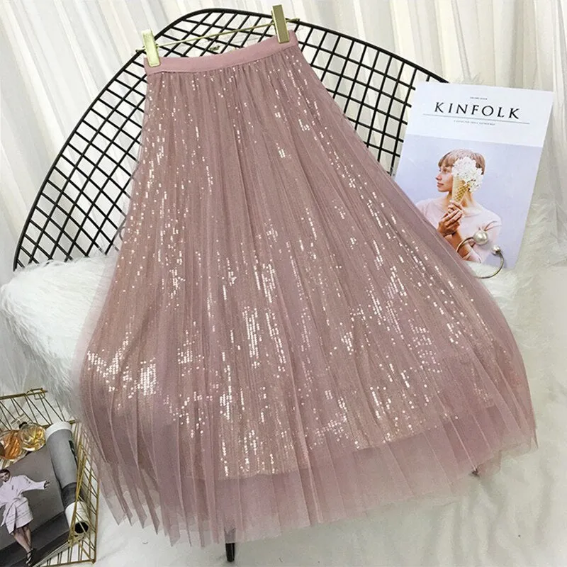 Gorgeous Sequin Mesh Pleated Skirts