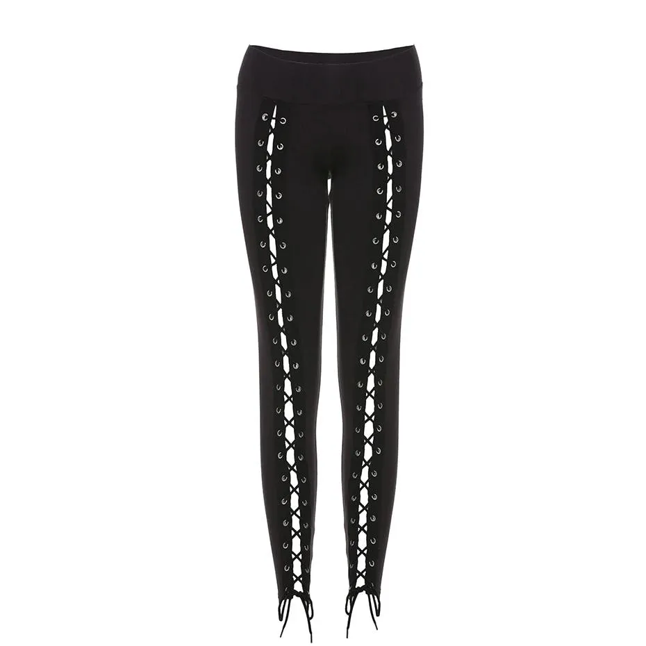 Gothic Bandage Spring Black Slim Lace-Up Streetwear Leggings Pants