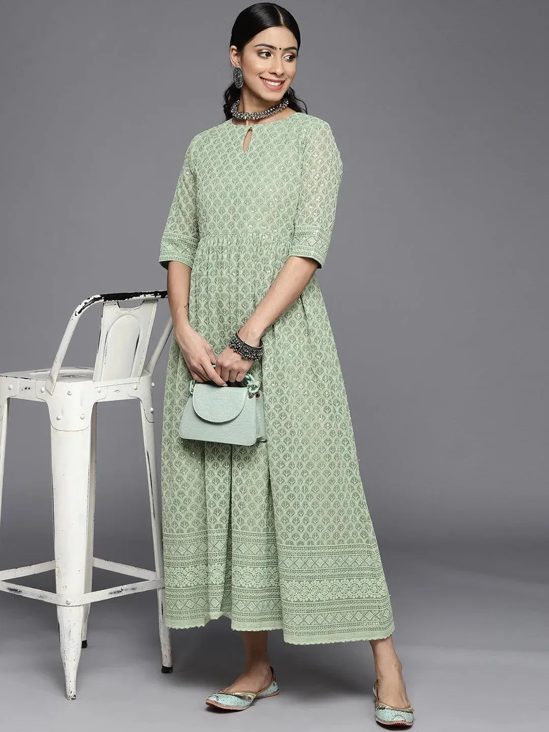 Green Embroidered Georgette Dress