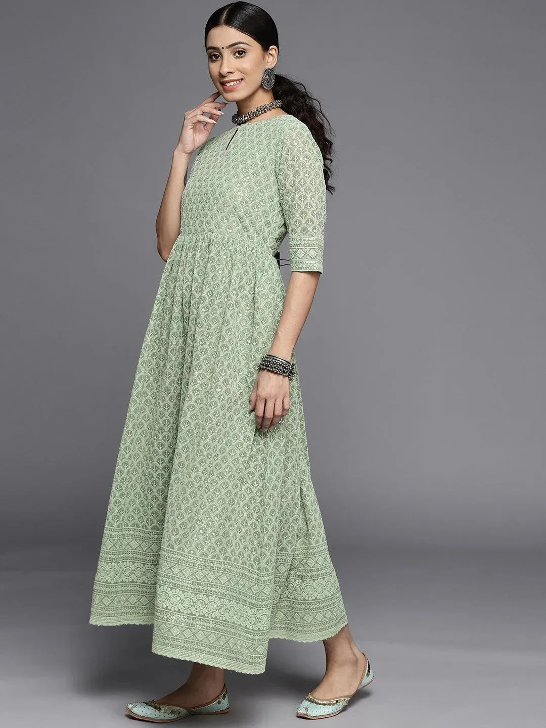 Green Embroidered Georgette Dress