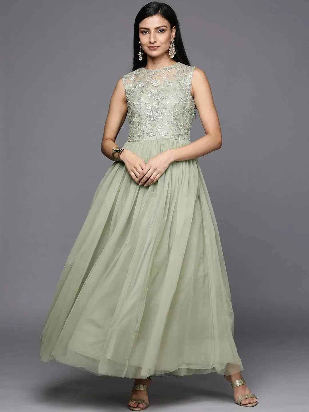 Green Embroidered Nylon Gown Dress