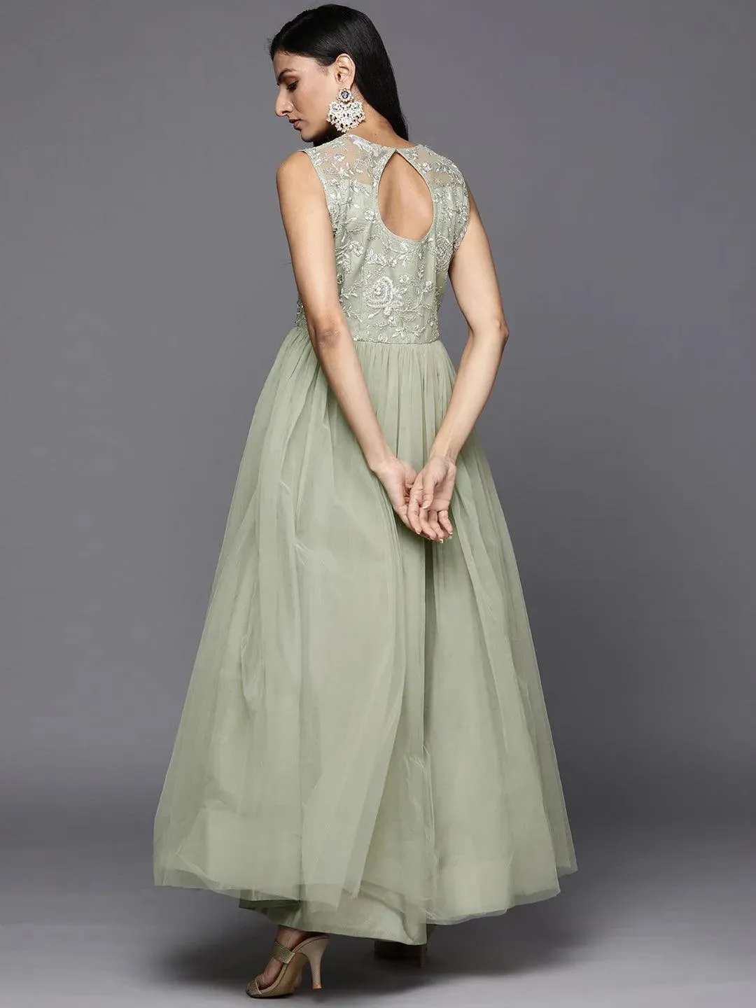 Green Embroidered Nylon Gown Dress